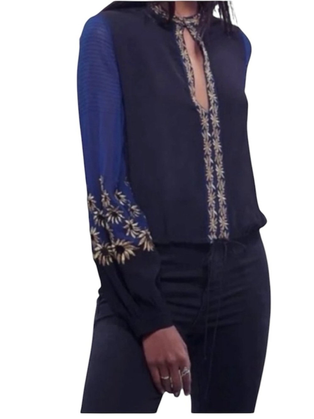 Free People Navy and Black Embroidered Keyhole Drawstring Blouse